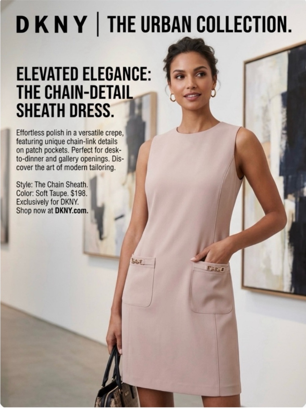 Like New ~ DKNY The Chain-Detail Sheath Dress in Soft Taupe ~ Size 12